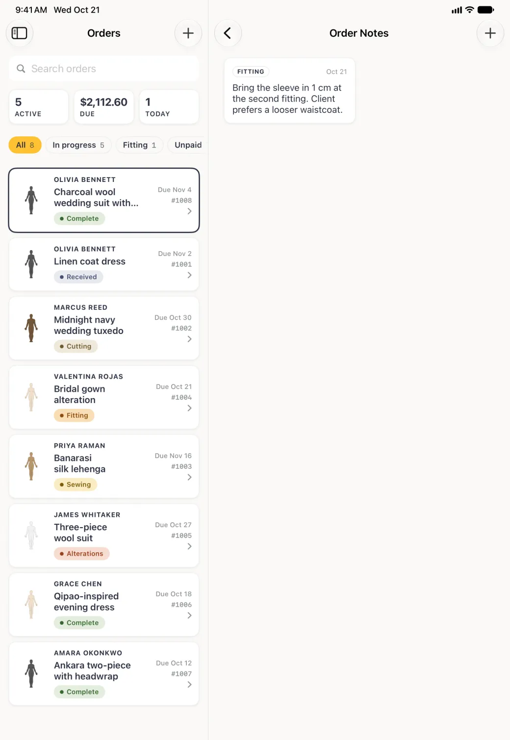 Order Notes pane beside the Orders list, with a back arrow and a round plus button at the top, and one saved note card in a grid column, tagged Fitting and dated Oct 21, reading Bring the sleeve in 1 cm at the second fitting. Client prefers a looser waistcoat.