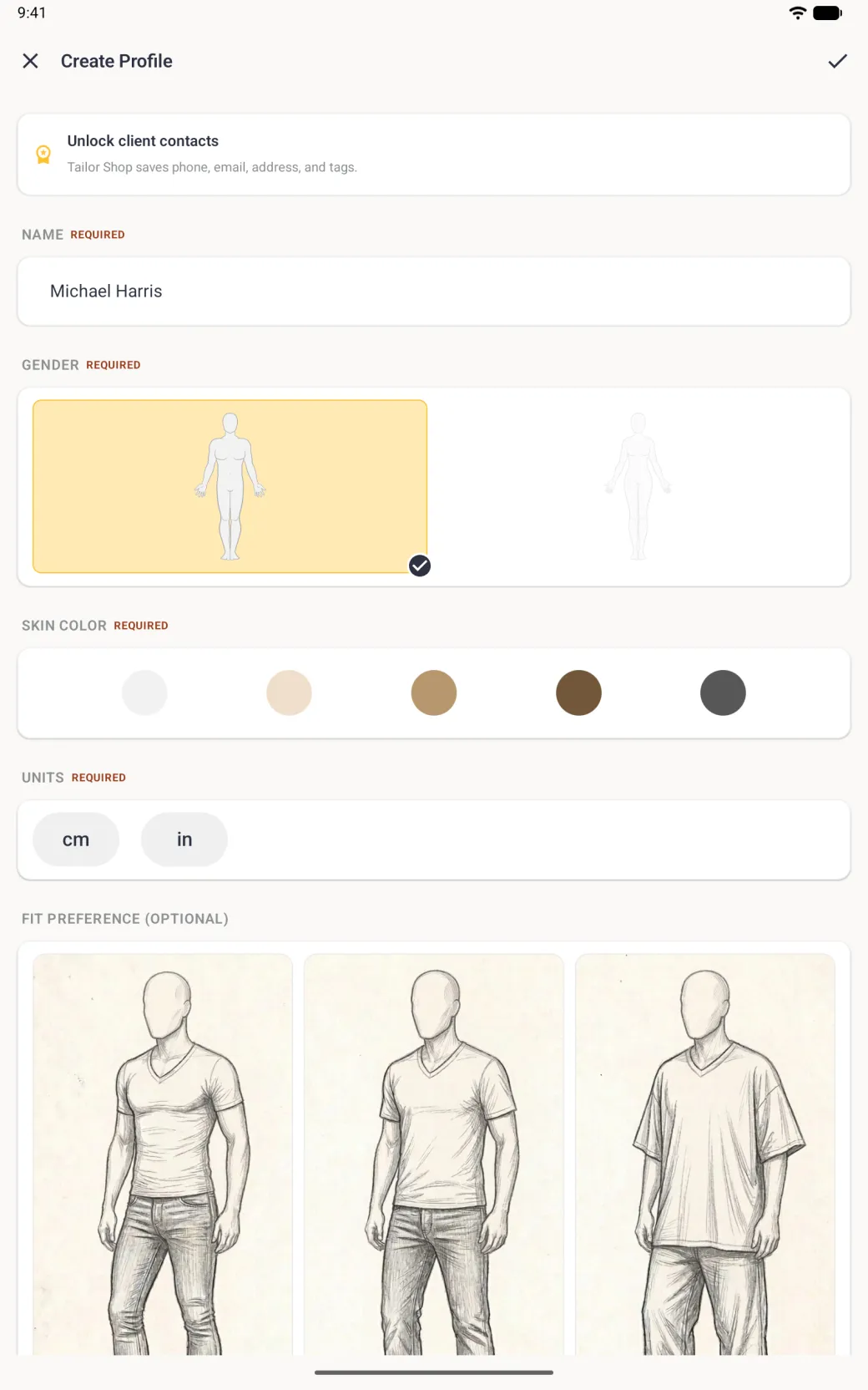 Create Profile form with the name Michael Harris entered and the man outline on a pale gold panel with a tick.