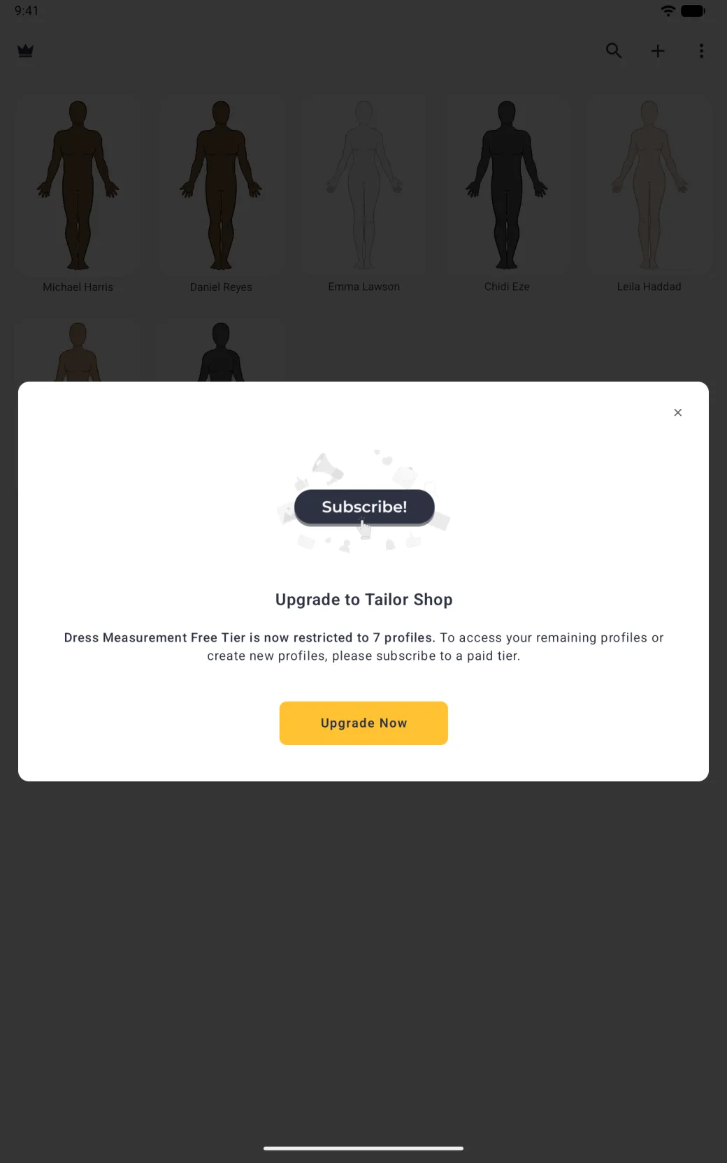 Upgrade to Tailor Shop card with a Subscribe illustration, text saying the free tier is restricted to 7 profiles, and a gold Upgrade Now button, over the dimmed grid of seven profiles.