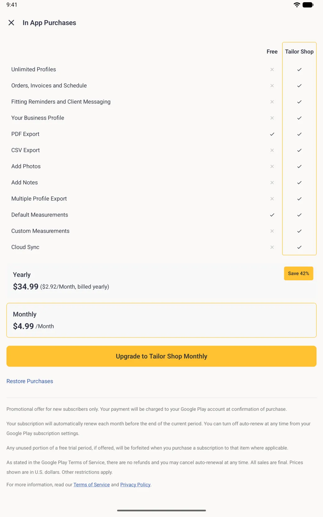 In App Purchases screen with the Monthly card outlined in gold, the Yearly card with its Save 42% badge no longer outlined, and a gold Upgrade to Tailor Shop Monthly button with no yearly price line under it.
