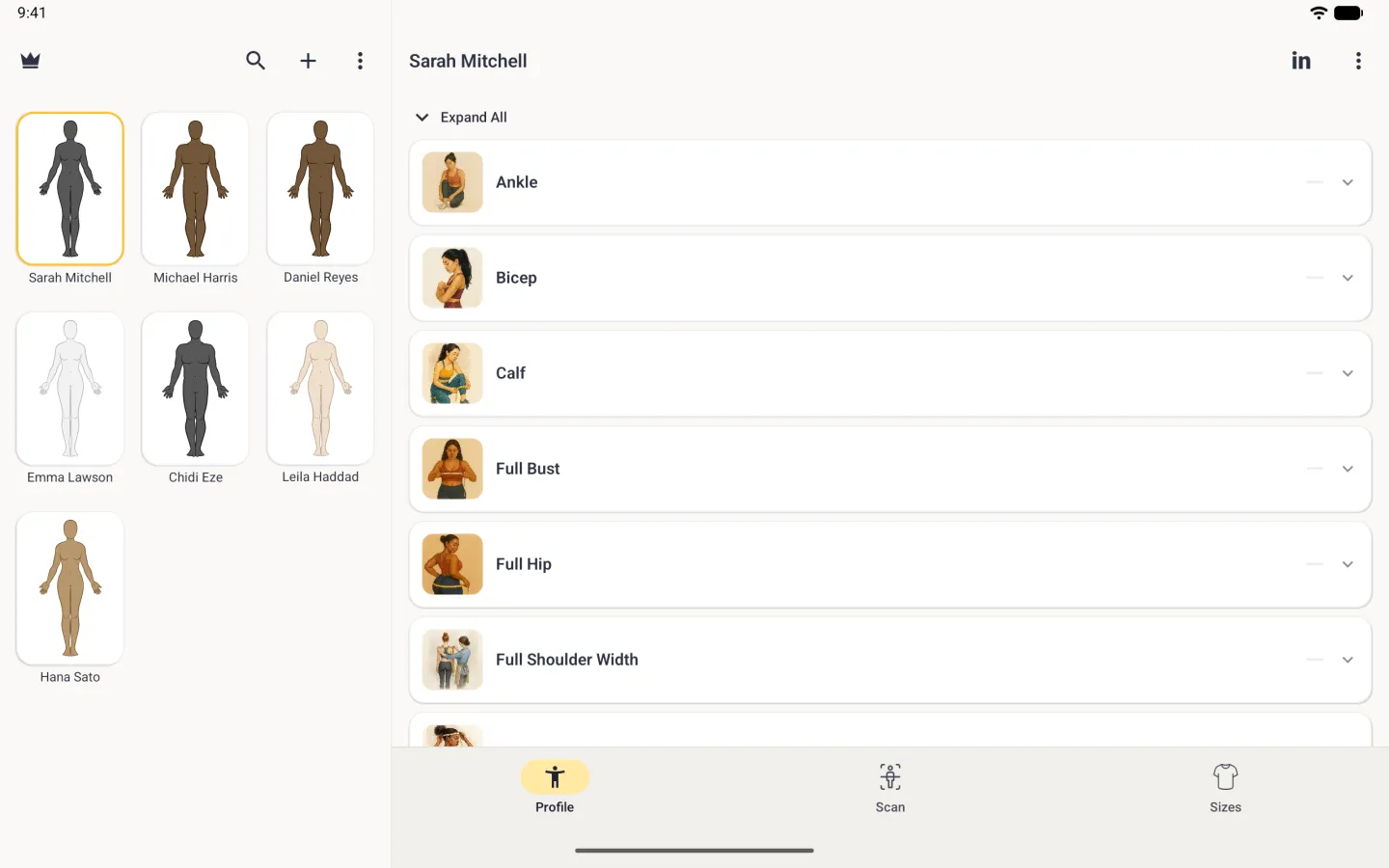 List view in the split view with measurement cards for Ankle, Bicep, Calf, Full Bust, Full Hip and Full Shoulder Width, each with an illustration, a dash for no value and a chevron, under an Expand All link.