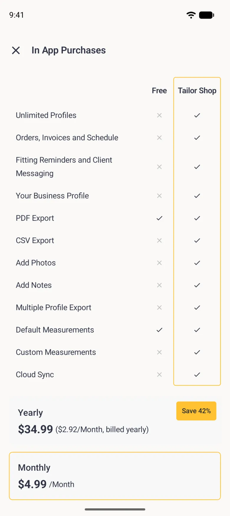 In App Purchases screen with the same comparison table, the Yearly card now plain with its Save 42% badge, and the Monthly card outlined in gold.