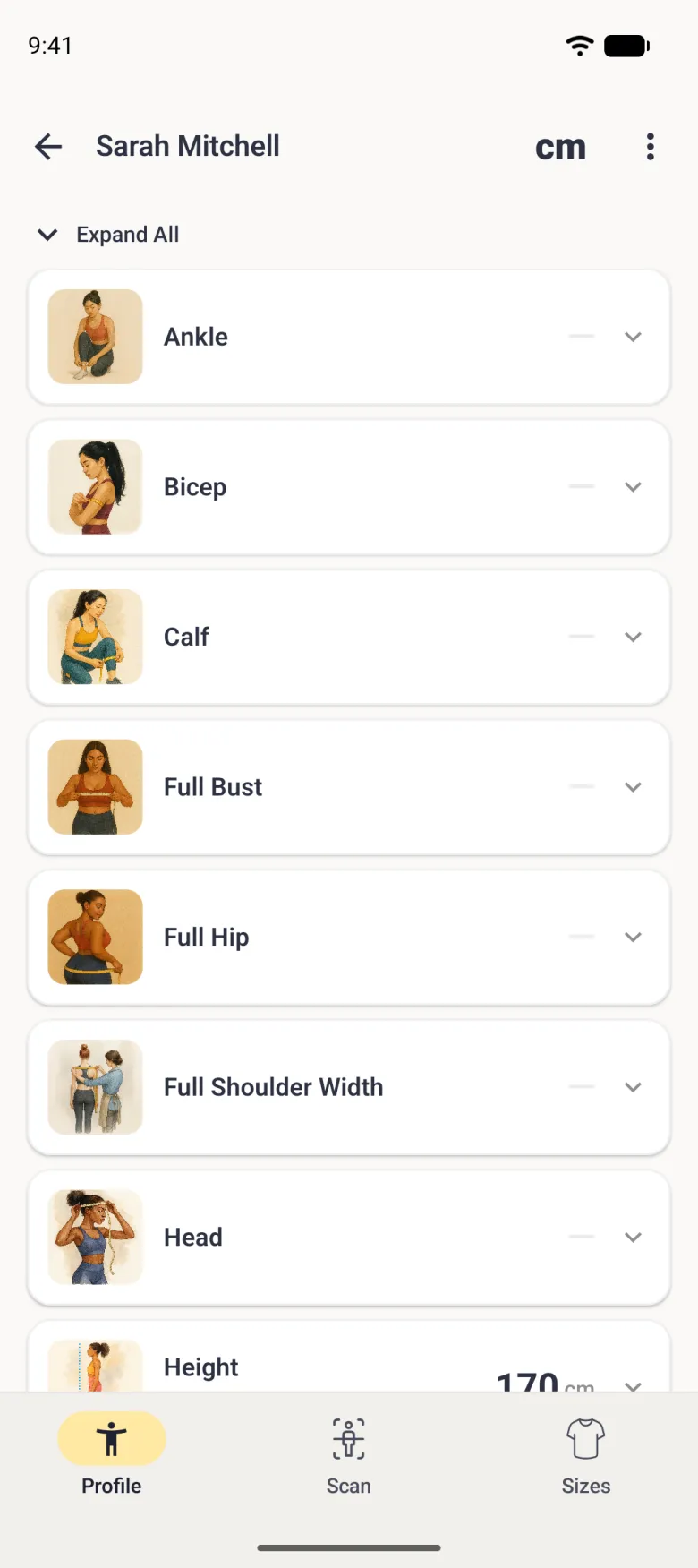 Alphabetical list of measurements under an Expand All control, each row with a watercolour illustration, its name, a dash for no value and a chevron: Ankle, Bicep, Calf, Full Bust, Full Hip, Full Shoulder Width and Head, with Height at 170 cm running under the Profile, Scan and Sizes bar.