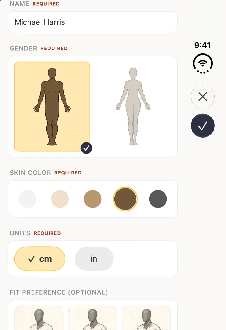 Create Profile form on the closed Duo scrolled so the NAME heading sits at the top: the name Michael Harris, the man outline in a brown skin tone highlighted in gold with a navy tick inside the white Gender card, the brown circle ringed in gold inside the Skin Color card, cm ticked in a gold pill inside the Units card, and the FIT PREFERENCE (OPTIONAL) heading below; the close and navy checkmark buttons stay in the vertical bar strip on the right.