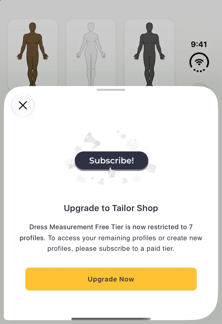 Upgrade to Tailor Shop sheet on the closed Duo rising over the dimmed profile grid and spanning the full width, over the vertical bar strip too, with a grab handle and a close button at its top left, a Subscribe! illustration, text explaining that the free tier is restricted to 7 profiles, and a gold Upgrade Now button.