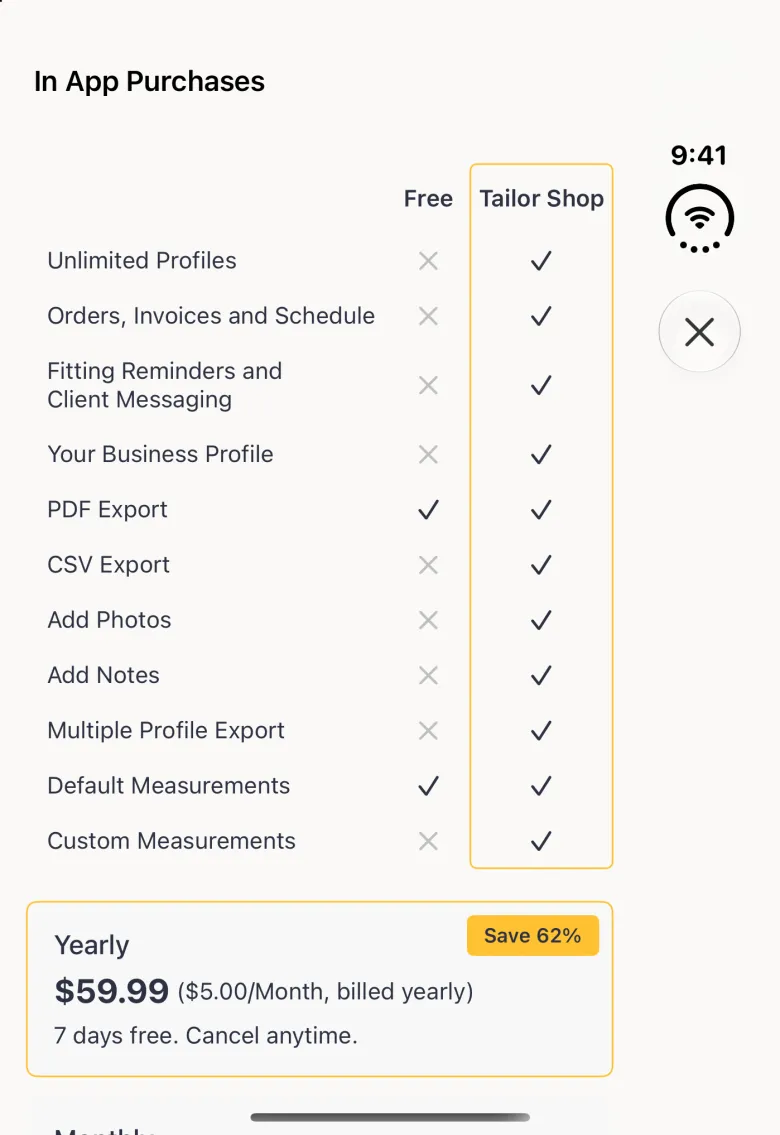 In App Purchases screen on the closed Duo with the title at the top left and a close button in the vertical bar strip on the right, a plan comparison table with Free and Tailor Shop columns listing Unlimited Profiles; Orders, Invoices and Schedule; Fitting Reminders and Client Messaging; Your Business Profile; PDF Export; CSV Export; Add Photos; Add Notes; Multiple Profile Export; Default Measurements and Custom Measurements, and below it a Yearly card outlined in gold and marked Save 62%; the Monthly card starts at the bottom edge.