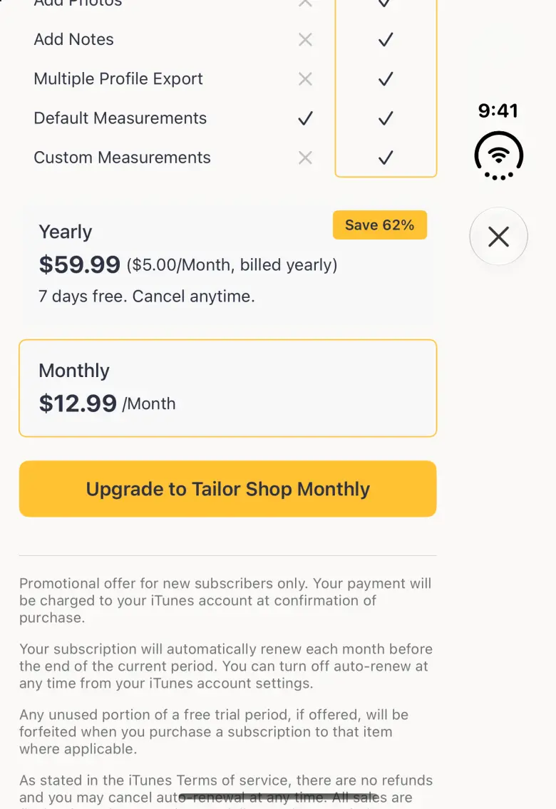 In App Purchases screen on the closed Duo scrolled past the comparison table, with the Monthly card now outlined in gold below the Yearly card and a gold button reading Upgrade to Tailor Shop Monthly above the subscription terms; the close button stays in the vertical bar strip on the right.