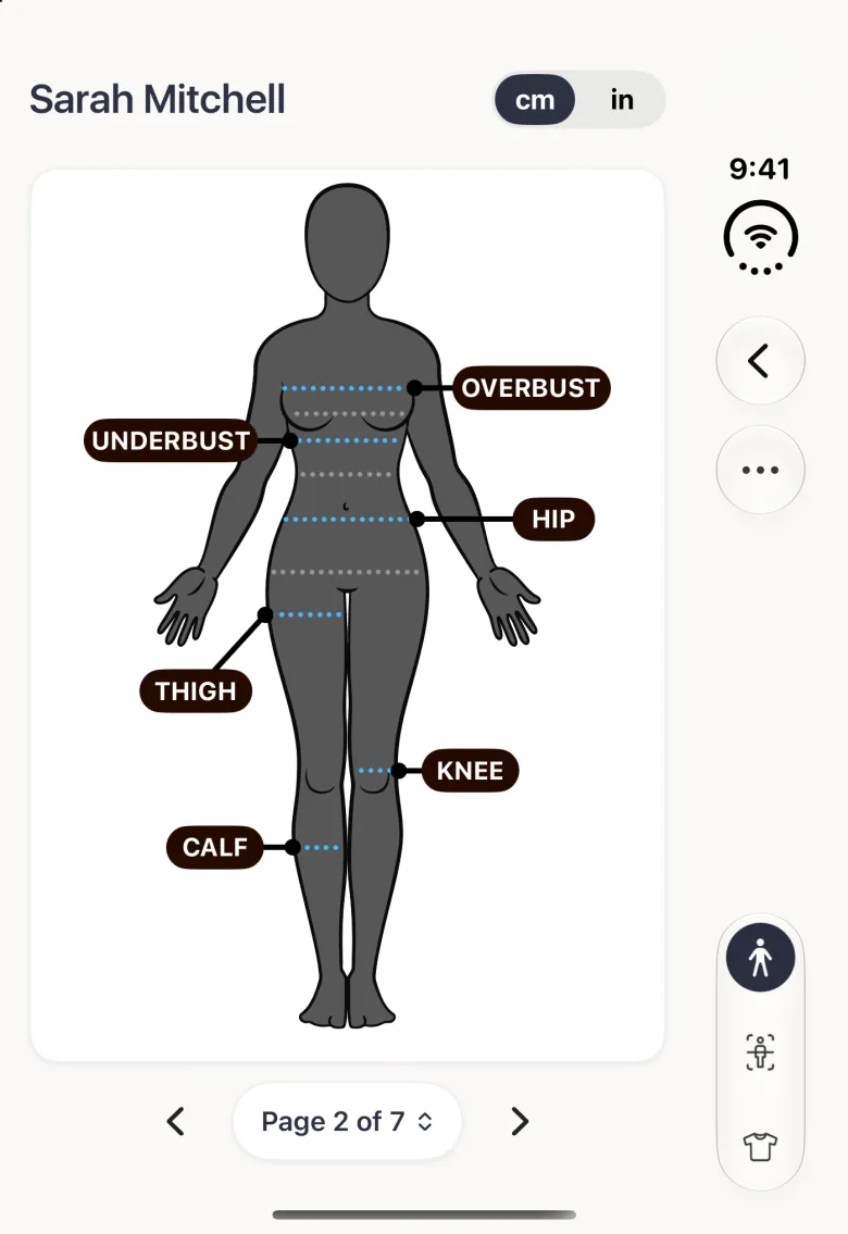 Sarah Mitchell's profile on the closed Duo showing her avatar with overbust, underbust, hip, thigh, knee and calf lines, and a Page 2 of 7 control between two arrows under the card; Back and a round more button sit near the top of the vertical bar strip on the right, and the three section buttons in a capsule at its foot.