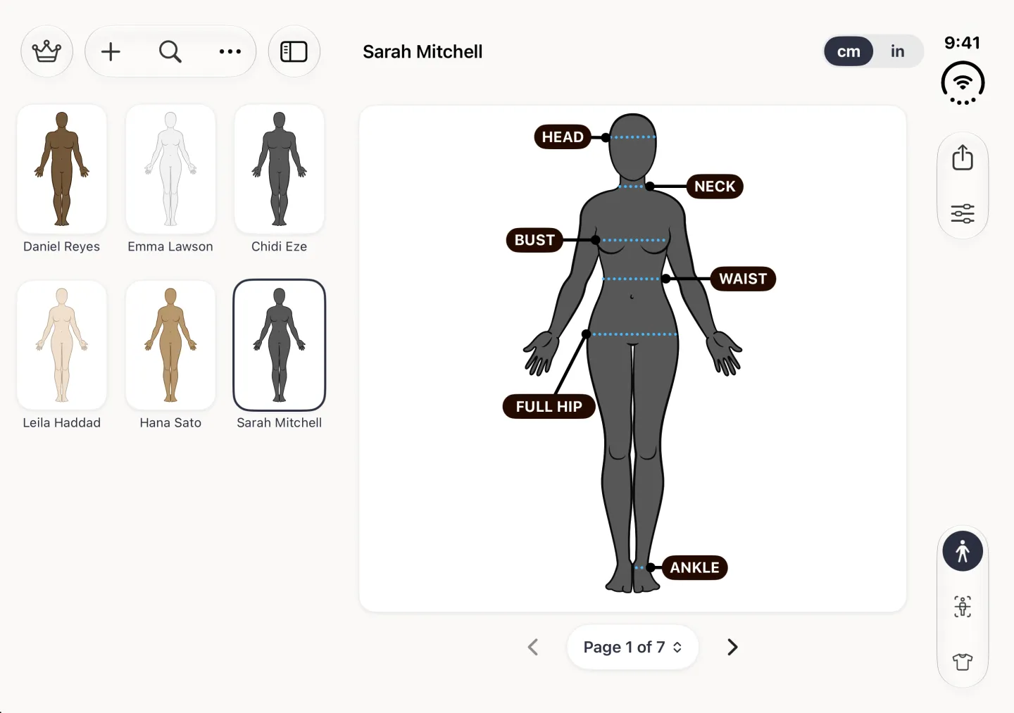 Split view in landscape: on the left the profile grid, Daniel Reyes, Emma Lawson, Chidi Eze, Leila Haddad, Hana Sato and Sarah Mitchell in two rows of three, under a crown button, a capsule holding plus, search and more (three dots) buttons, and a sidebar button; Sarah Mitchell is outlined in navy and her profile fills the right side with her name, a cm and in switch and her labelled avatar.