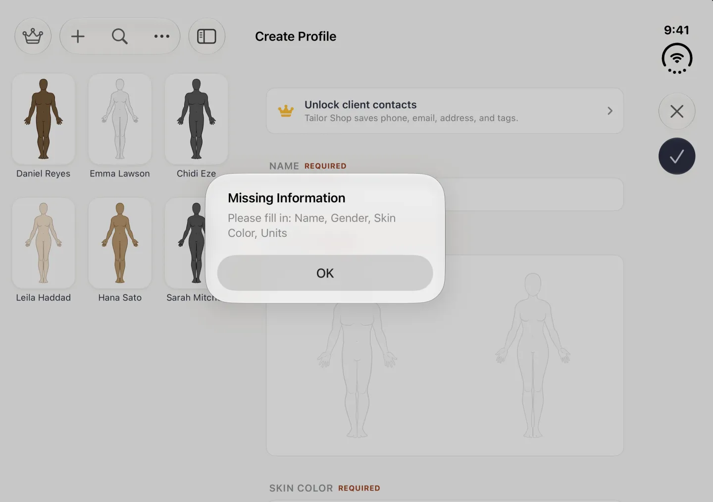 Alert titled Missing Information reading Please fill in: Name, Gender, Skin Color, Units, with an OK button, over the dimmed split view: the Create Profile form on the right beside the profile list, with the close and navy checkmark buttons in the vertical bar strip on the right edge.