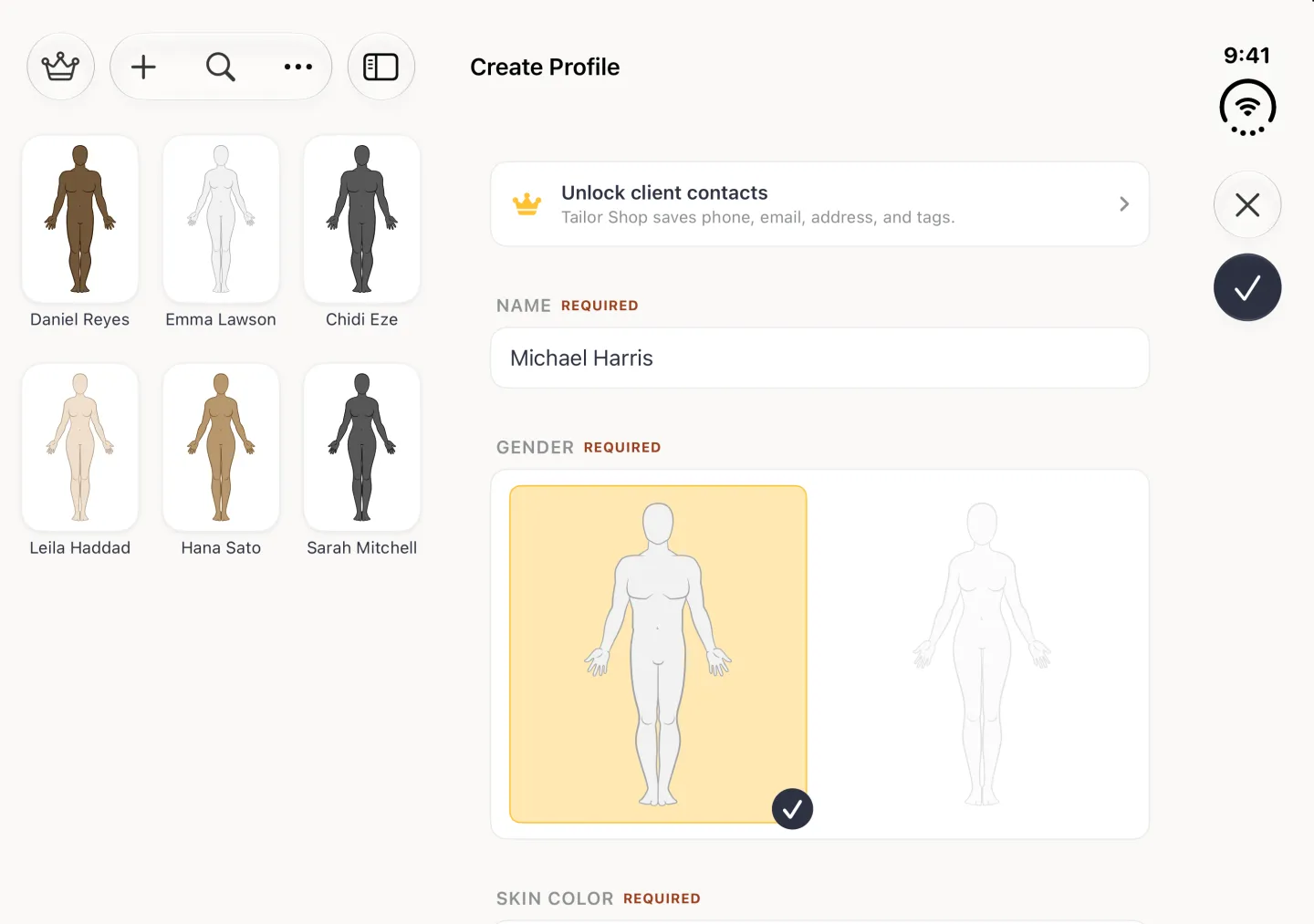 Create Profile form on the right of the split view with the name Michael Harris entered and the man outline highlighted in gold with a navy tick inside the white Gender card, beside the profile grid on the left.