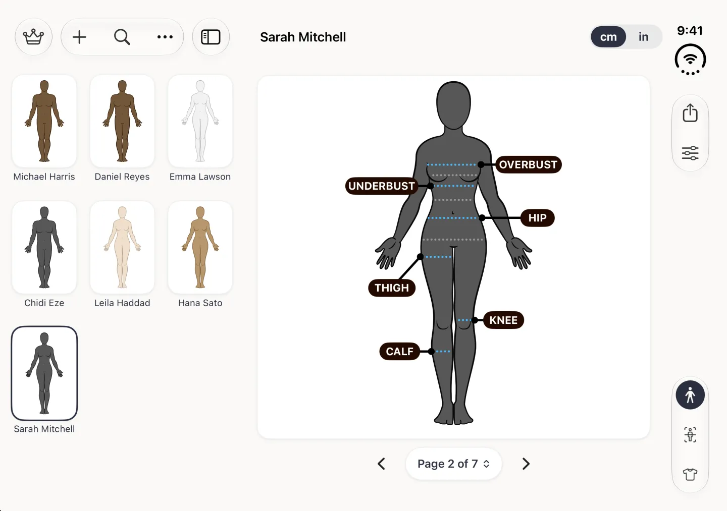 Sarah Mitchell's profile on the right of the split view showing her avatar with overbust, underbust, hip, thigh, knee and calf lines, and a Page 2 of 7 control between two arrows under the card; the profile grid stays on the left and the three section buttons sit in the vertical bar strip on the right edge.