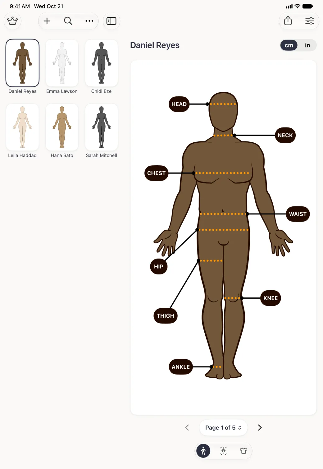 Split view in portrait: on the left a narrow profile grid three cards wide, Daniel Reyes, Emma Lawson and Chidi Eze above Leila Haddad, Hana Sato and Sarah Mitchell, under a crown button, a capsule holding plus, search and more (three dots) buttons, and a sidebar button; Daniel Reyes is outlined in navy and his labelled avatar fills the right side with his name, a cm and in switch, a Page 1 of 5 control and three section buttons, with share and options buttons at the top right.