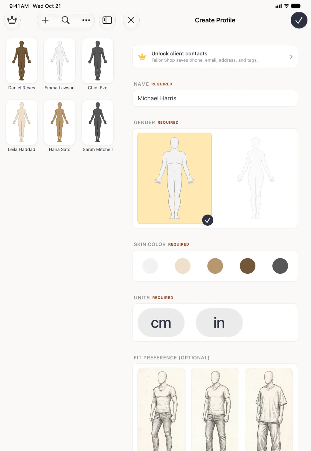 Create Profile form on the right of the split view with the name Michael Harris entered and the man outline highlighted in gold with a navy tick in the left half of the wide white Gender card, the skin tone and unit cards still unpicked below, beside the profile grid on the left.