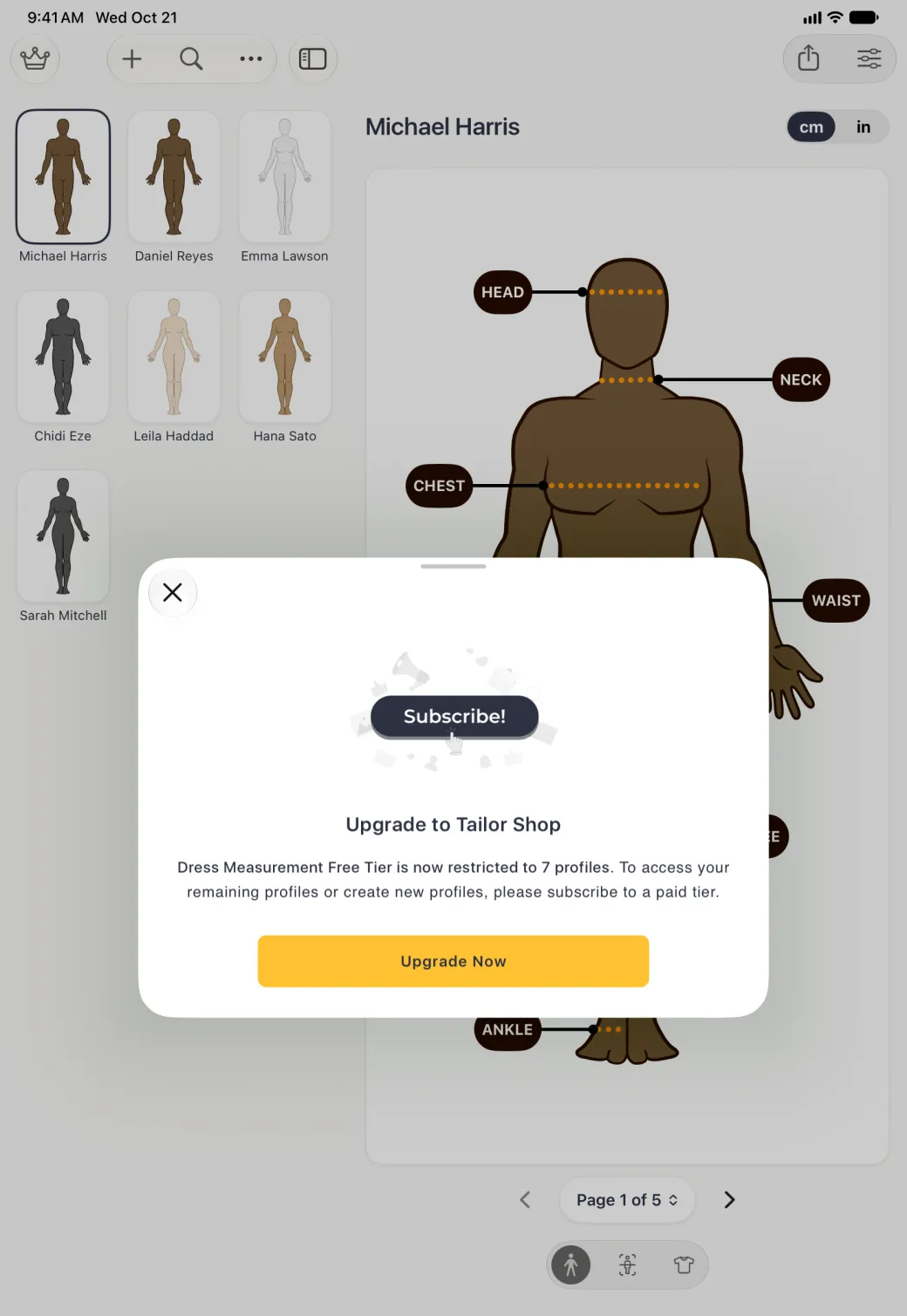 Upgrade to Tailor Shop card with a grab handle and a close button at its top left, centred over the dimmed split view of the seven profile grid and Michael Harris's profile, with a Subscribe! illustration, text explaining that the free tier is restricted to 7 profiles, and a gold Upgrade Now button.