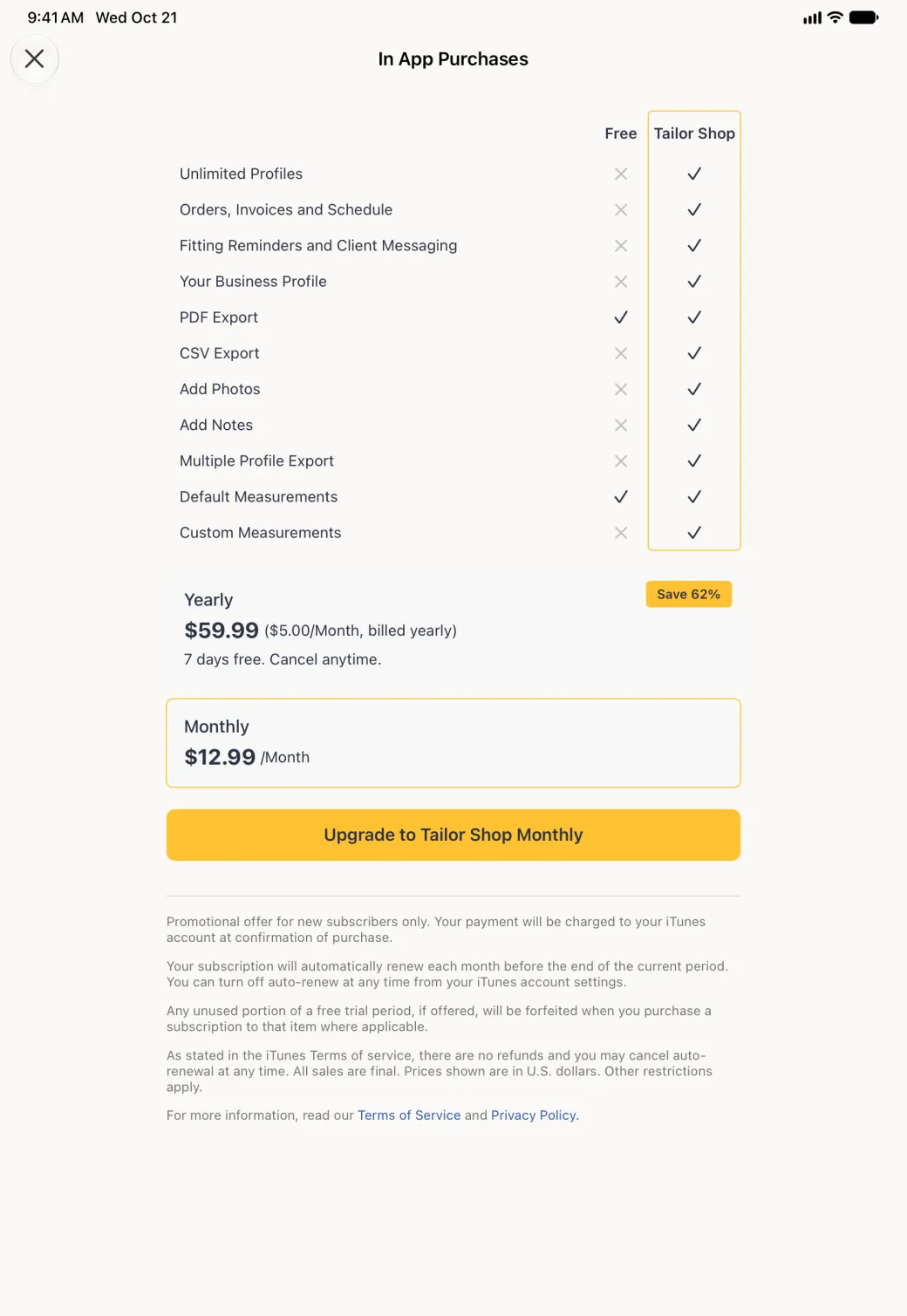 In App Purchases screen in portrait with the plan comparison table at the top and the Monthly card now outlined in gold below the Yearly card, and a gold button reading Upgrade to Tailor Shop Monthly above the subscription terms.