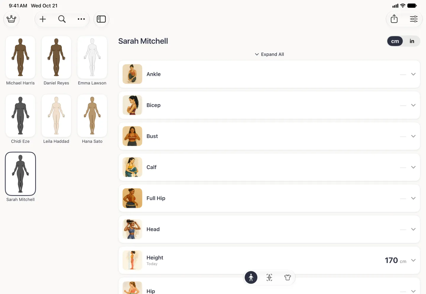 Sarah Mitchell's profile in list view on the right of the landscape split view: her name and a cm and in switch with cm selected, an Expand All link above wide alphabetical measurement cards with small illustrations, Ankle, Bicep, Bust, Calf, Full Hip, Head, Height at 170 cm and Hip, each with a dash for no value except Height and a chevron on the right; the profile grid stays on the left and three section buttons float at the bottom.