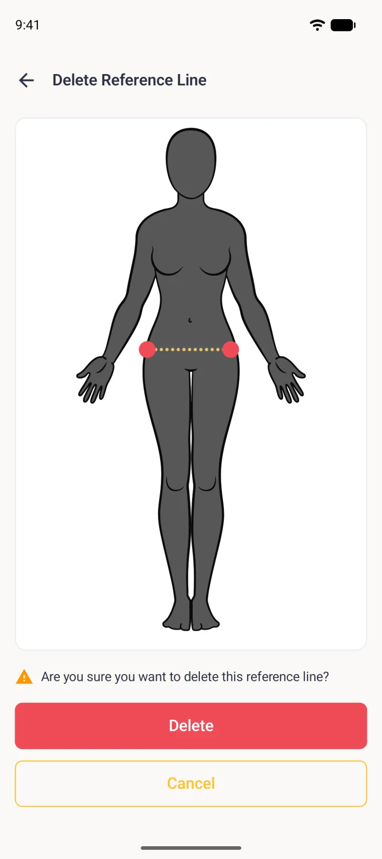A Delete Reference Line page showing the charcoal figure with the guide line across the hips as a gold dotted line between two red endpoint dots, a warning line reading Are you sure you want to delete this reference line?, a red Delete button and an outlined gold Cancel button.