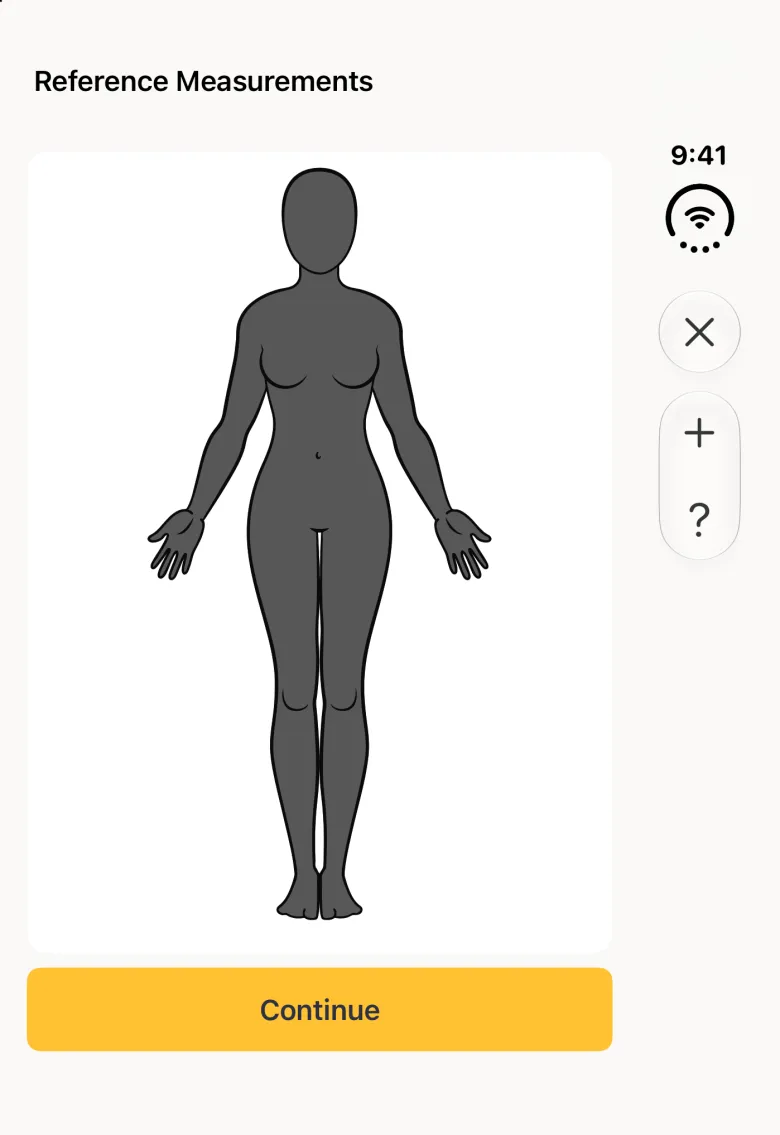 A Reference Measurements screen on the closed Duo showing the profile's charcoal female figure with no lines on it and a yellow Continue button below; a close button and a plus and question mark pair sit in the vertical bar strip on the right.