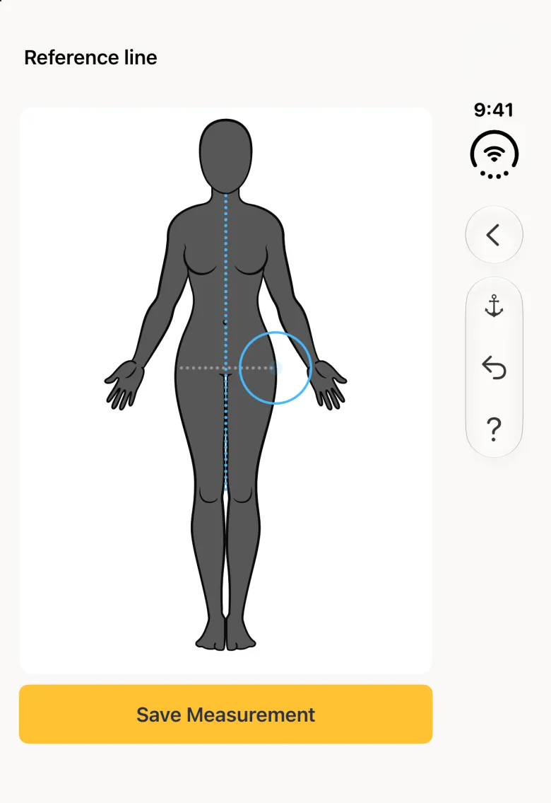 The Reference line drawing step on the closed Duo: the charcoal figure with the existing blue Collar line down the front and a pale grey dotted line drawn horizontally across the top of the hips, a yellow Save Measurement button below, and Back plus an anchor, undo and question mark group in the vertical bar strip on the right.