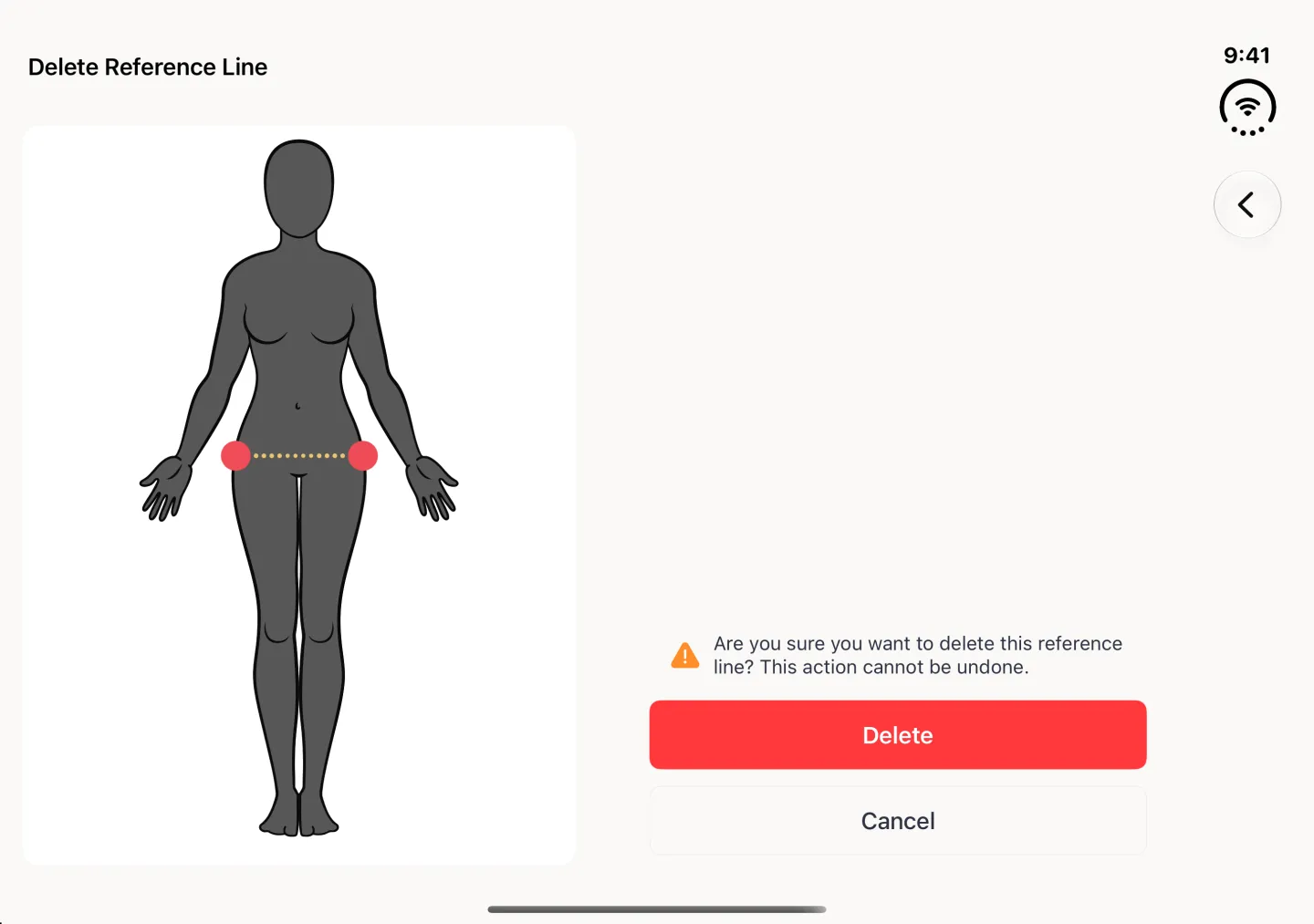 A Delete Reference Line screen in landscape with the figure on the left showing the guide line dotted in gold and its two ends picked out in red, and on the right a warning asking are you sure you want to delete this reference line, this action cannot be undone, above a red Delete button and a Cancel button; a Back button sits in the vertical bar strip on the right edge.