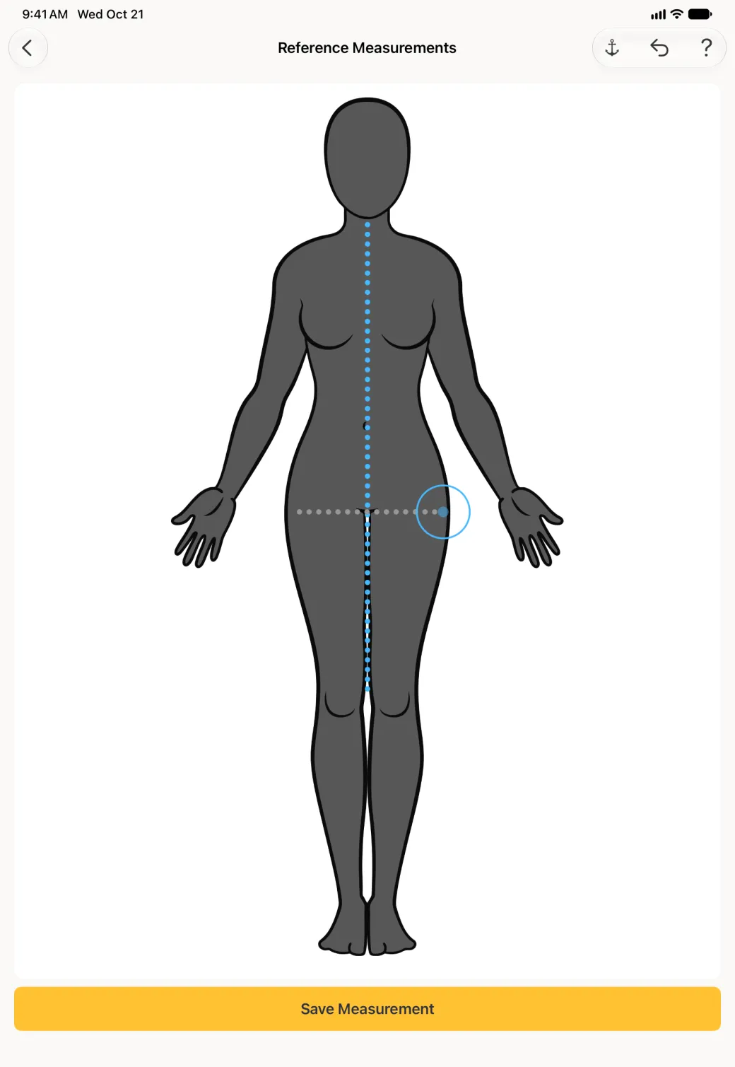 The reference line drawing step on the iPad with Back at the top left and anchor, undo and question mark buttons at the top right: the large charcoal figure, with the existing blue Collar line down the front, and a pale grey dotted line drawn horizontally across the top of the hips ending in a blue target circle, and a wide yellow Save Measurement button.