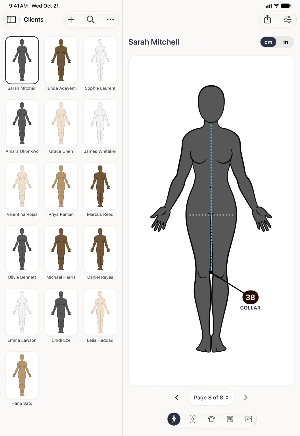 Sarah Mitchell's profile beside the Clients grid in portrait on Page 8 of 8, showing a blue measured line from the neck to the knee with a 38 COLLAR label and, separately, a pale grey dotted line across the hips with no label.