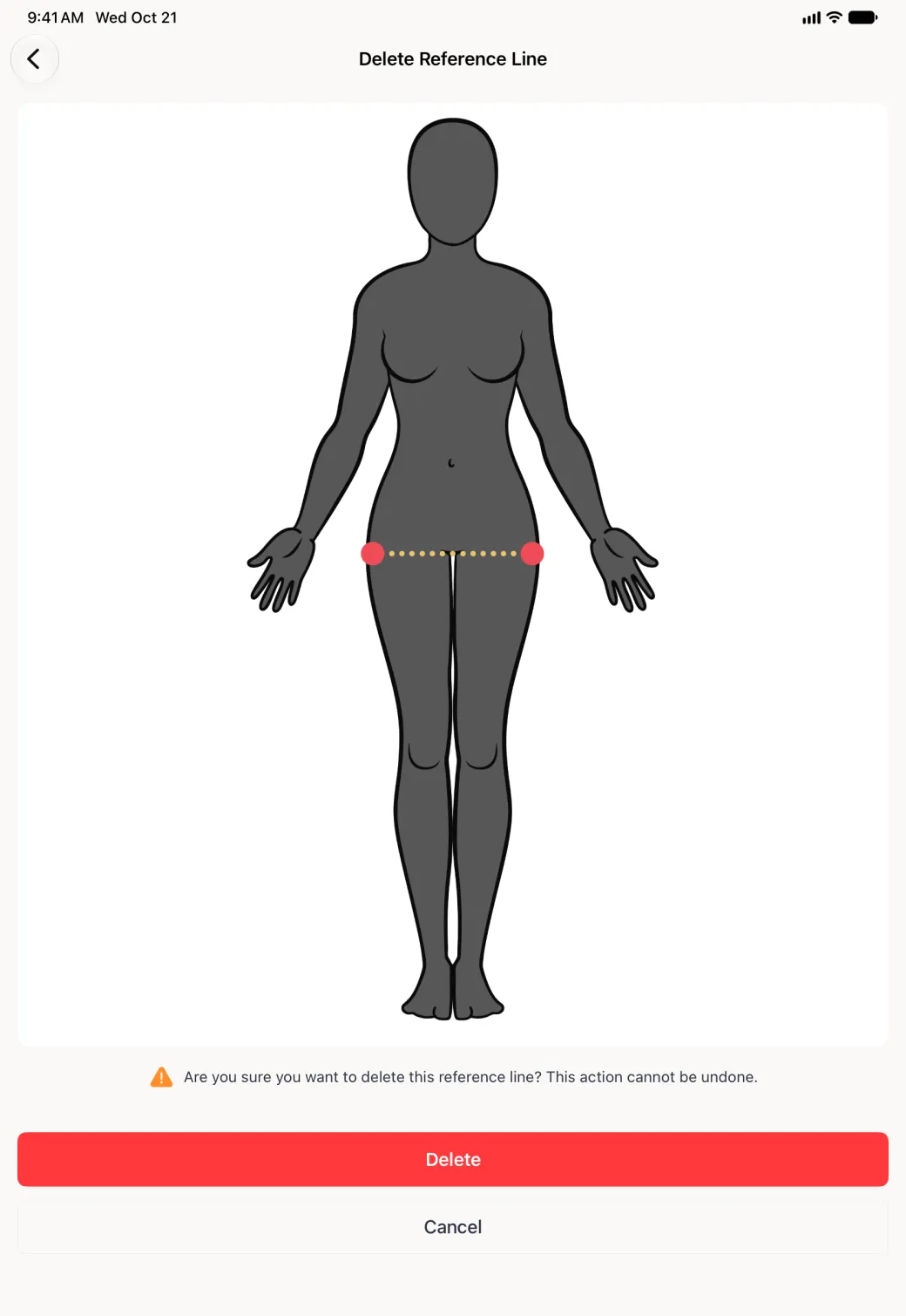 A Delete Reference Line page filling the iPad in portrait, with Back at the top left, showing the figure with the guide line dotted in gold and its two ends picked out in red, a warning asking Are you sure you want to delete this reference line? This action cannot be undone., and a wide red Delete button above a Cancel button.