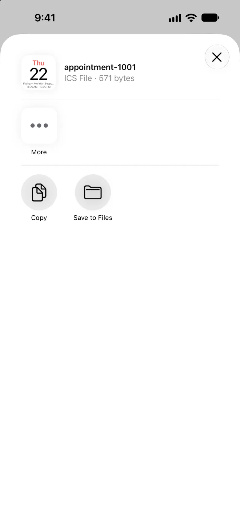 Share sheet headed appointment-1001, ICS File, 571 bytes, with a small calendar page preview showing Thu 22, a close button at the top right, a More button, and Copy and Save to Files underneath.