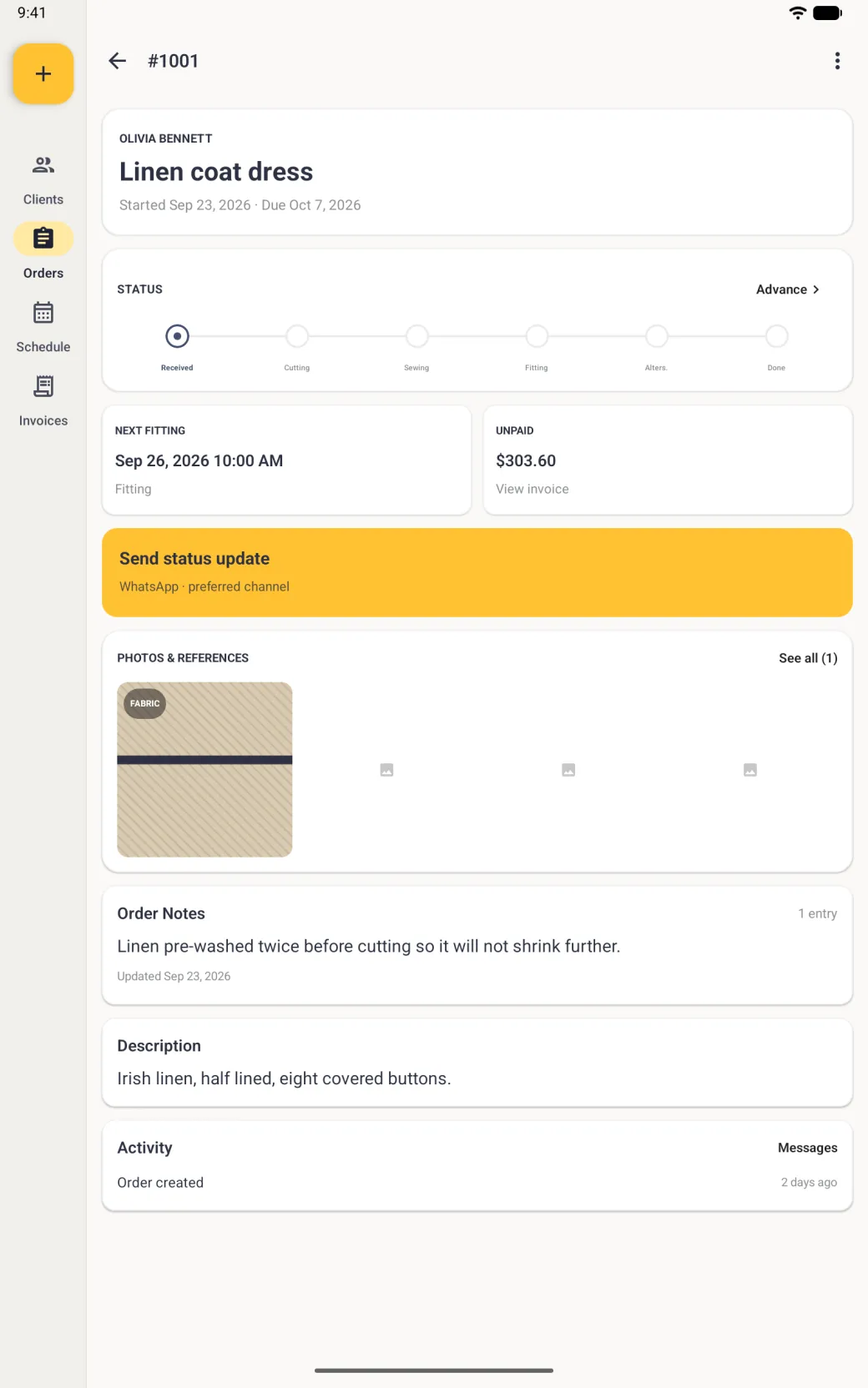 Order detail for order 1001 on a tablet in portrait, with the Next Fitting card reading tomorrow's date and year at 10:00 AM, with Fitting underneath, beside the Unpaid card.