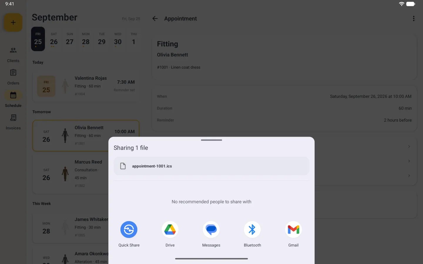 Android share sheet rising over the dimmed Schedule and Appointment detail, headed Sharing 1 file, with a file row reading appointment-1001.ics beside a plain document icon, the line No recommended people to share with, and a row of targets: Quick Share, Drive, Messages, Bluetooth and Gmail.