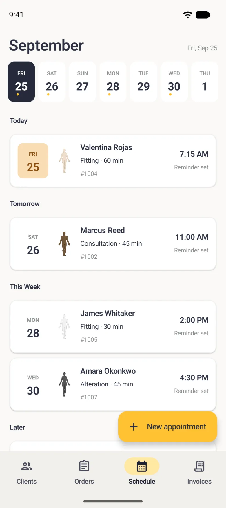 Appointment card for Valentina Rojas under Today, with a gold-shaded date tile on the left and her start time, 7:15 AM, on the right with the words Reminder set directly underneath.