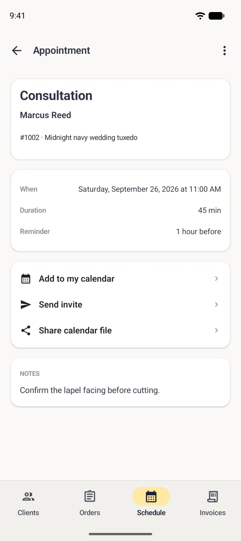 Appointment detail for a consultation with Marcus Reed on order 1002, Midnight navy wedding tuxedo, showing Saturday, September 26, 2026 at 11:00 AM, a forty-five minute duration and a reminder one hour before, then a card of three rows with navy icons reading Add to my calendar, Send invite and Share calendar file, each with a chevron, and a Notes card reading Confirm the lapel facing before cutting.