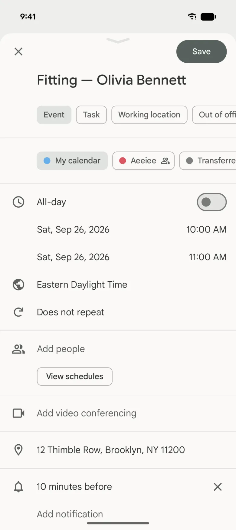 Google Calendar's new event screen opened from DM, pre-filled with the title Fitting, Olivia Bennett, on Saturday September 26, 2026 from 10:00 AM to 11:00 AM, with the location 12 Thimble Row, Brooklyn, NY 11200, and Cancel and Save at the top.