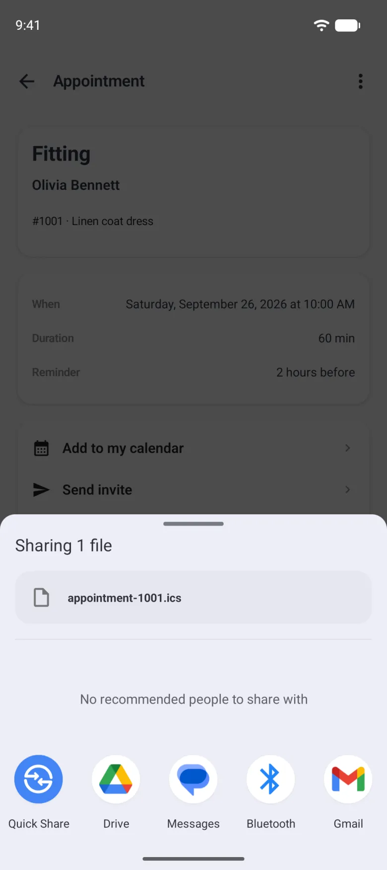 Android share sheet reading Sharing 1 file over the dimmed Appointment detail for Olivia Bennett's fitting, headed by a file row reading appointment-1001.ics, with share targets for Quick Share, Drive, Messages, Bluetooth and Gmail below.