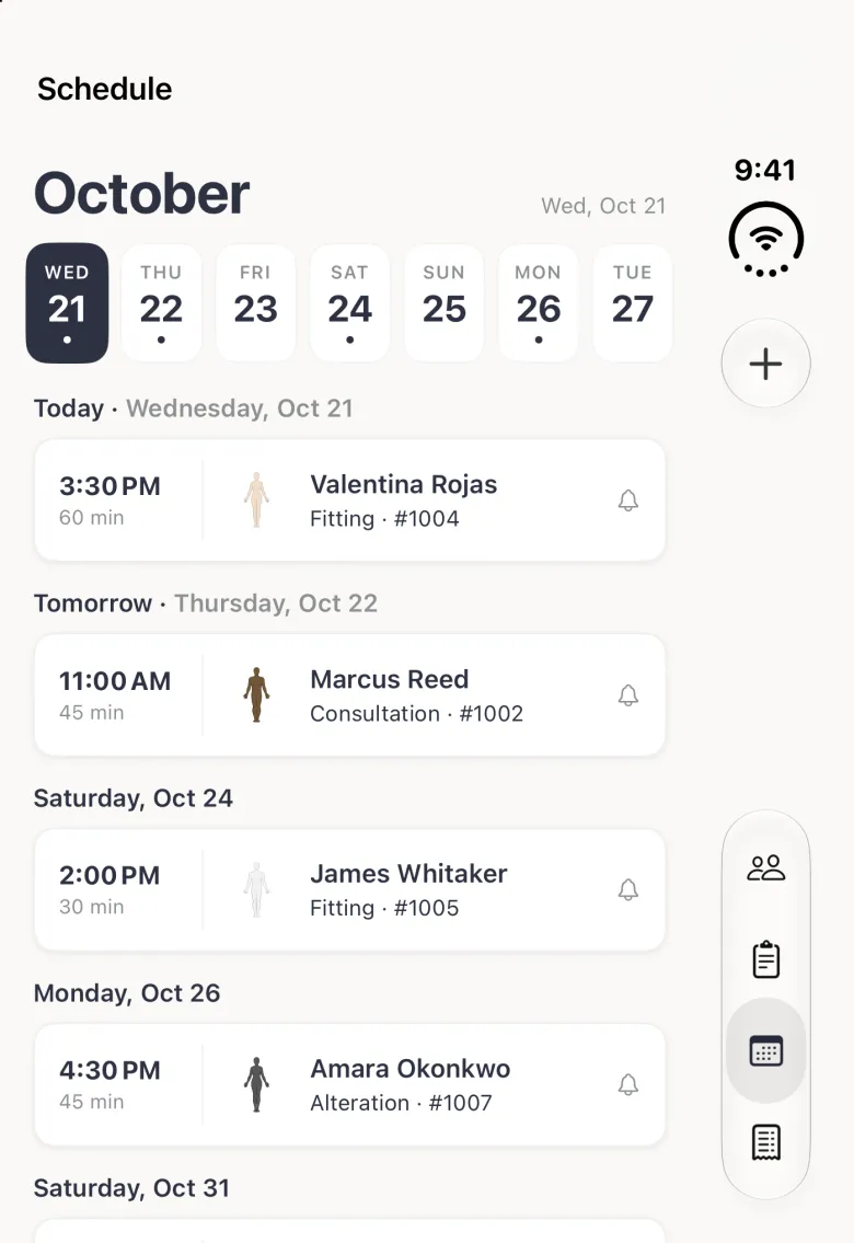 Schedule screen on the closed iPhone Duo with the title Schedule, a plus button in the vertical bar strip on the right edge and the four tab buttons lower down the strip (Schedule selected), the heading October with today's date, Wed, Oct 21, on the right, and a row of seven day pills from Wednesday 21 to Tuesday 27, with Wednesday 21 filled navy to mark today and small dots under Wednesday 21, Thursday 22, Saturday 24 and Monday 26. Below, appointments are listed under day headings: under Today, Wednesday, Oct 21, Valentina Rojas has a sixty minute fitting for order 1004 at 3:30 PM; under Tomorrow, Thursday, Oct 22, Marcus Reed has a forty-five minute consultation for order 1002 at 11:00 AM; James Whitaker's fitting on Saturday, Oct 24 and Amara Okonkwo's alteration on Monday, Oct 26 follow, with the Saturday, Oct 31 heading at the bottom edge, and every row ends with a small bell.