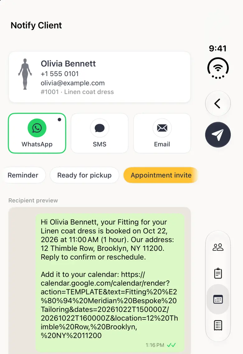 Notify Client page for Olivia Bennett on the closed iPhone Duo with a back button and a round paper-plane button stacked in the vertical bar strip on the right edge. Her card shows her phone, email and order 1001, Linen coat dress. WhatsApp is selected in the channel row, the Appointment invite chip is highlighted in gold at the right end of the template row, and a green WhatsApp bubble reads Hi Olivia Bennett, your Fitting for your Linen coat dress is booked on Oct 22, 2026 at 11:00 AM (1 hour). Our address: 12 Thimble Row, Brooklyn, NY 11200. Reply to confirm or reschedule, followed by Add it to your calendar and a link; the Message box is below the fold.