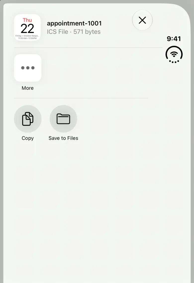 Share sheet on the closed iPhone Duo covering the content column, headed appointment-1001, ICS File, 571 bytes, with a small calendar page preview showing Thu 22, a close button at its top right, a More button, and Copy and Save to Files underneath; the 9:41 status stays at the top of the strip on the right edge.