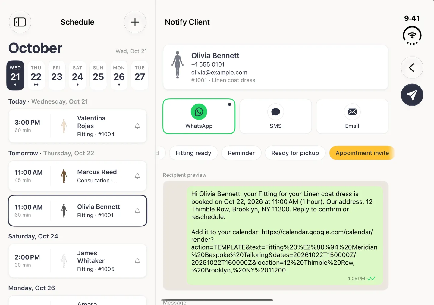 Notify Client page for Olivia Bennett in the pane beside the Schedule column in landscape, with a back button and a round paper-plane button in the vertical bar strip on the right edge. Her card shows her phone, email and #1001, Linen coat dress. WhatsApp is selected in the channel row, the template chips are scrolled so Appointment invite is highlighted in gold at the right end with Cutting started cut off at the left, and a green WhatsApp bubble reads Hi Olivia Bennett, your Fitting for your Linen coat dress is booked on Oct 22, 2026 at 11:00 AM (1 hour). Our address: 12 Thimble Row, Brooklyn, NY 11200. Reply to confirm or reschedule, followed by Add it to your calendar and a calendar link; the Message box starts below.