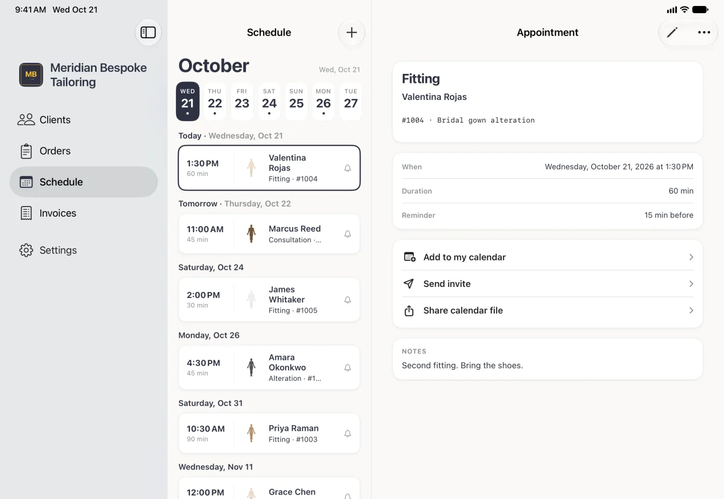 The schedule beside an appointment on iPad.