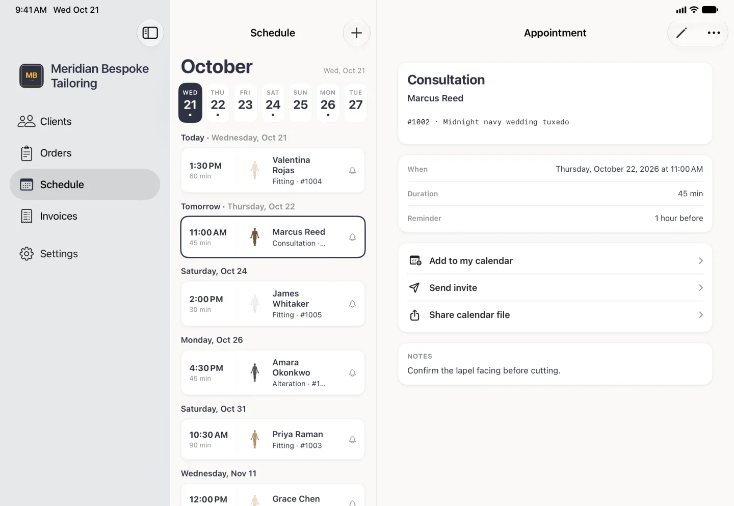 Appointment page in the pane on the right, beside the Schedule list with Marcus Reed's Tomorrow row outlined and the sidebar, with a pencil and a three-dot button at the top right. A card reads Consultation, Marcus Reed and #1002, Midnight navy wedding tuxedo; below it When Thursday, October 22, 2026 at 11:00 AM, Duration 45 min and Reminder 1 hour before; then a card of three rows, Add to my calendar, Send invite and Share calendar file, each with a chevron; and a Notes card reading Confirm the lapel facing before cutting.