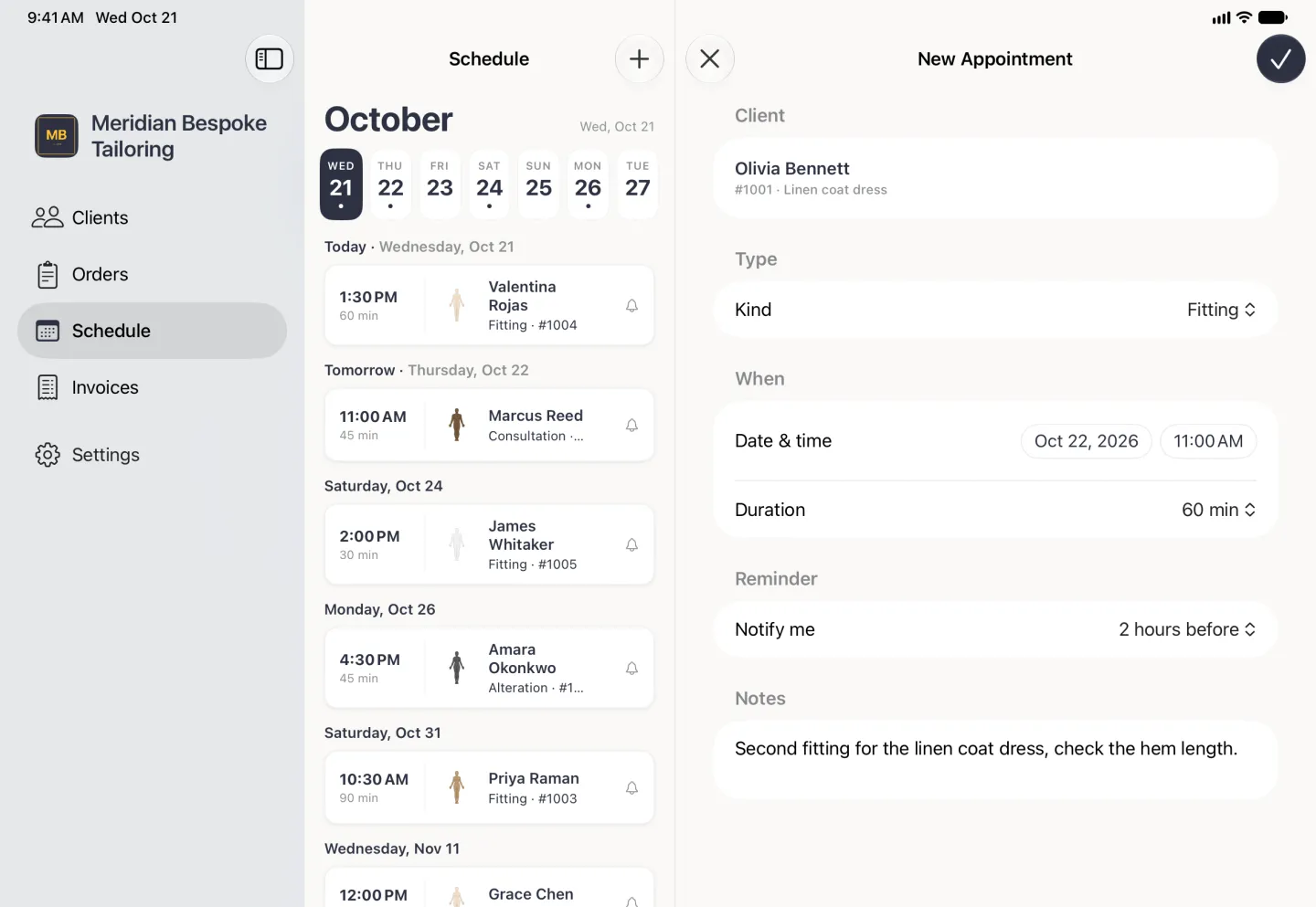 Completed New Appointment form in the pane beside the Schedule list and sidebar for Olivia Bennett, order 1001, Linen coat dress: Kind Fitting, Date and time chips reading Oct 22, 2026 and 11:00 AM, Duration 60 min, Notify me 2 hours before, and a note reading Second fitting for the linen coat dress, check the hem length.