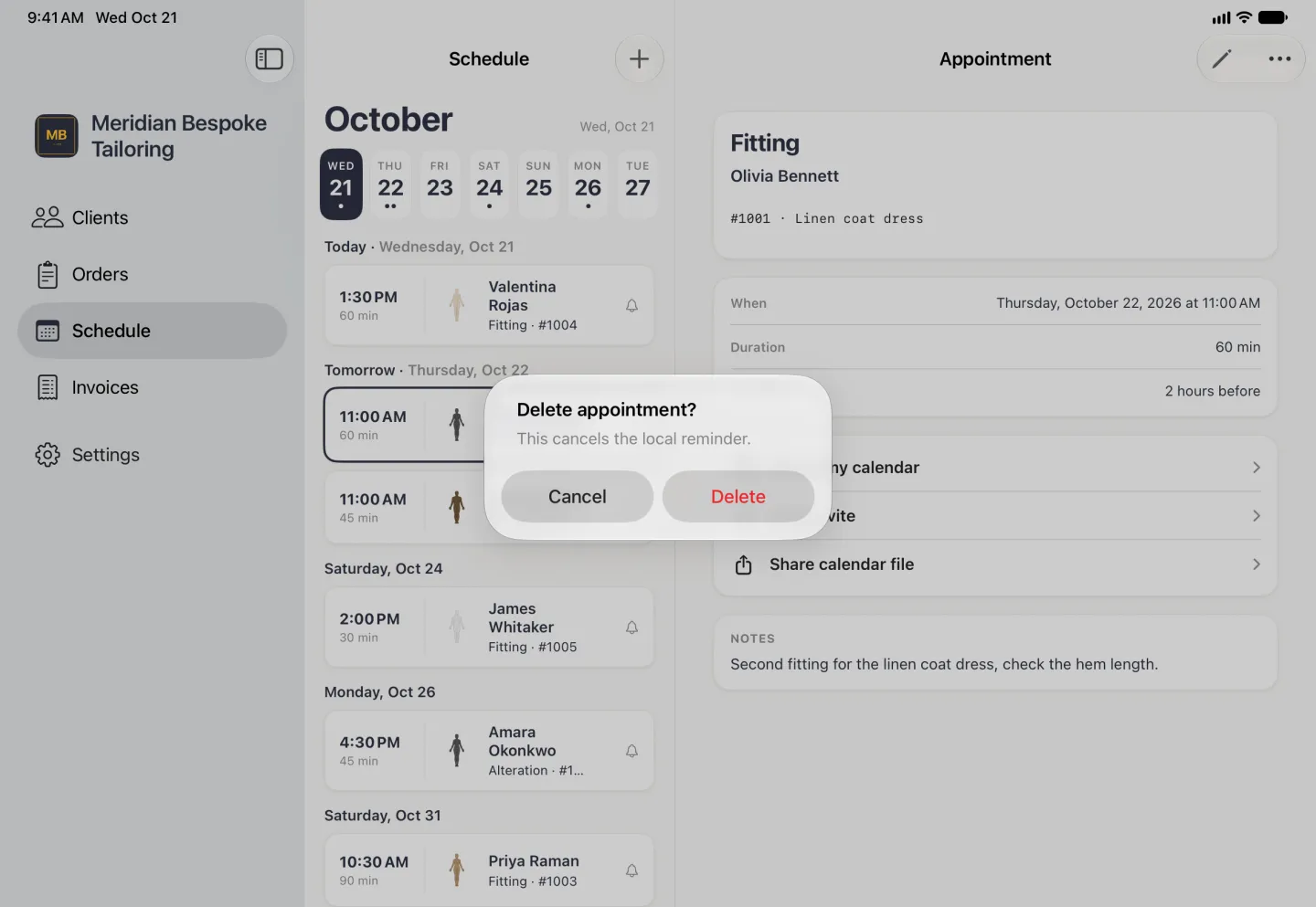 Alert centred over the dimmed sidebar, Schedule list and Olivia Bennett's appointment page, reading Delete appointment? with the line This cancels the local reminder, and Cancel and Delete buttons side by side, Delete in red.