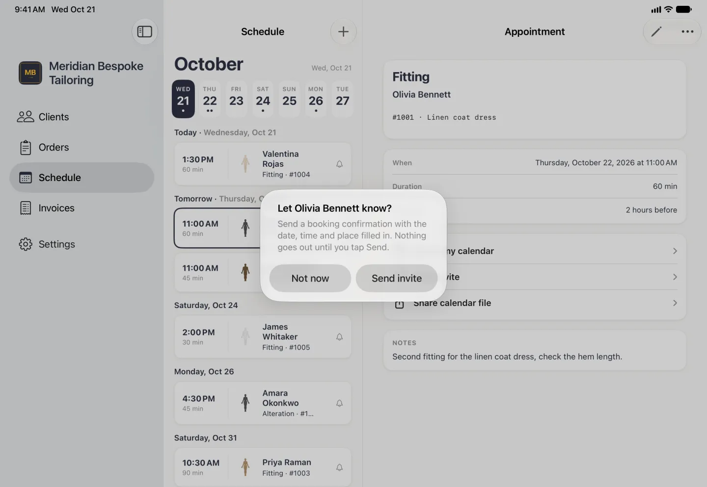 Alert centred over the dimmed split view, where the new Appointment page for Olivia Bennett's fitting on order 1001 fills the right pane and her 11:00 AM sixty minute fitting is outlined under Tomorrow in the Schedule list, reading Let Olivia Bennett know? with the line Send a booking confirmation with the date, time and place filled in. Nothing goes out until you tap Send, and Not now and Send invite side by side.