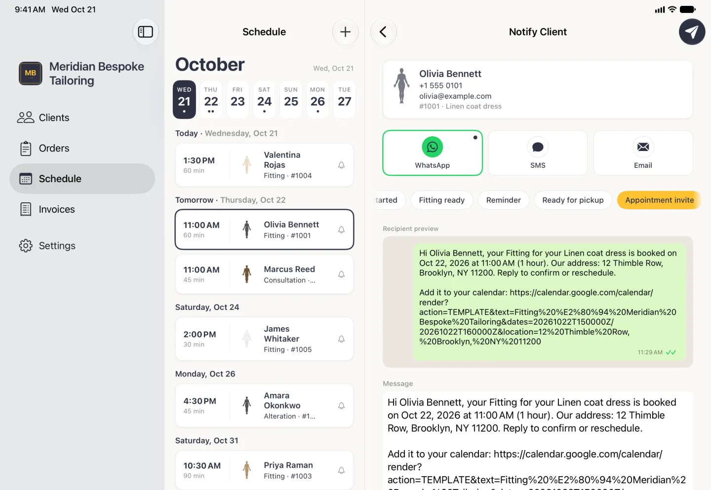 Notify Client page in the pane beside the Schedule list and sidebar, with a back button at the top left and a round paper-plane button at the top right. Her card shows Olivia Bennett, her phone, email and order 1001, Linen coat dress. WhatsApp is outlined in green and marked as her preferred channel beside SMS and Email, the template row is scrolled to the end with Appointment invite highlighted in gold, and a WhatsApp-style preview and the Message box read Hi Olivia Bennett, your Fitting for your Linen coat dress is booked on Oct 22, 2026 at 11:00 AM (1 hour). Our address: 12 Thimble Row, Brooklyn, NY 11200. Reply to confirm or reschedule, followed by Add it to your calendar and a Google Calendar link.