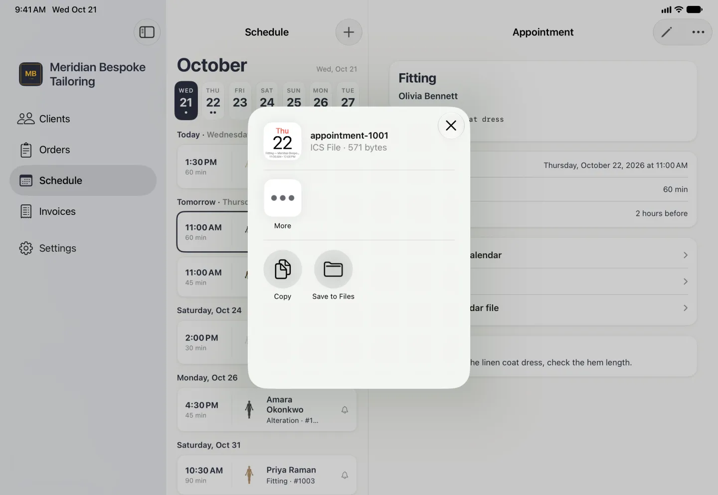 Share card centred over the dimmed sidebar, Schedule list and appointment, headed appointment-1001, ICS File, 571 bytes, with a small calendar page preview showing Thu 22, a close button at the top right, a More button, and Copy and Save to Files underneath.