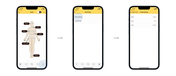 Profile settings screen with name, color, and unit-of-measurement controls.