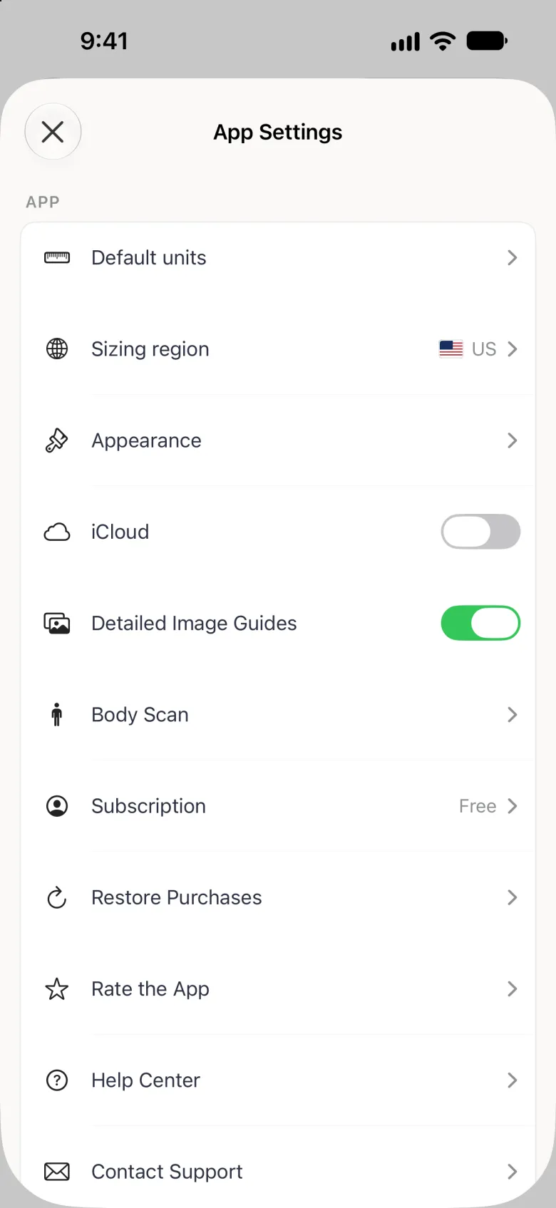 App Settings sheet with a close button at the top left and an APP card listing Default units, Sizing region with a US flag and US, Appearance, an iCloud switch turned off, Detailed Image Guides switched on, Body Scan, Subscription Free, Restore Purchases, Rate the App, Help Center and Contact Support.