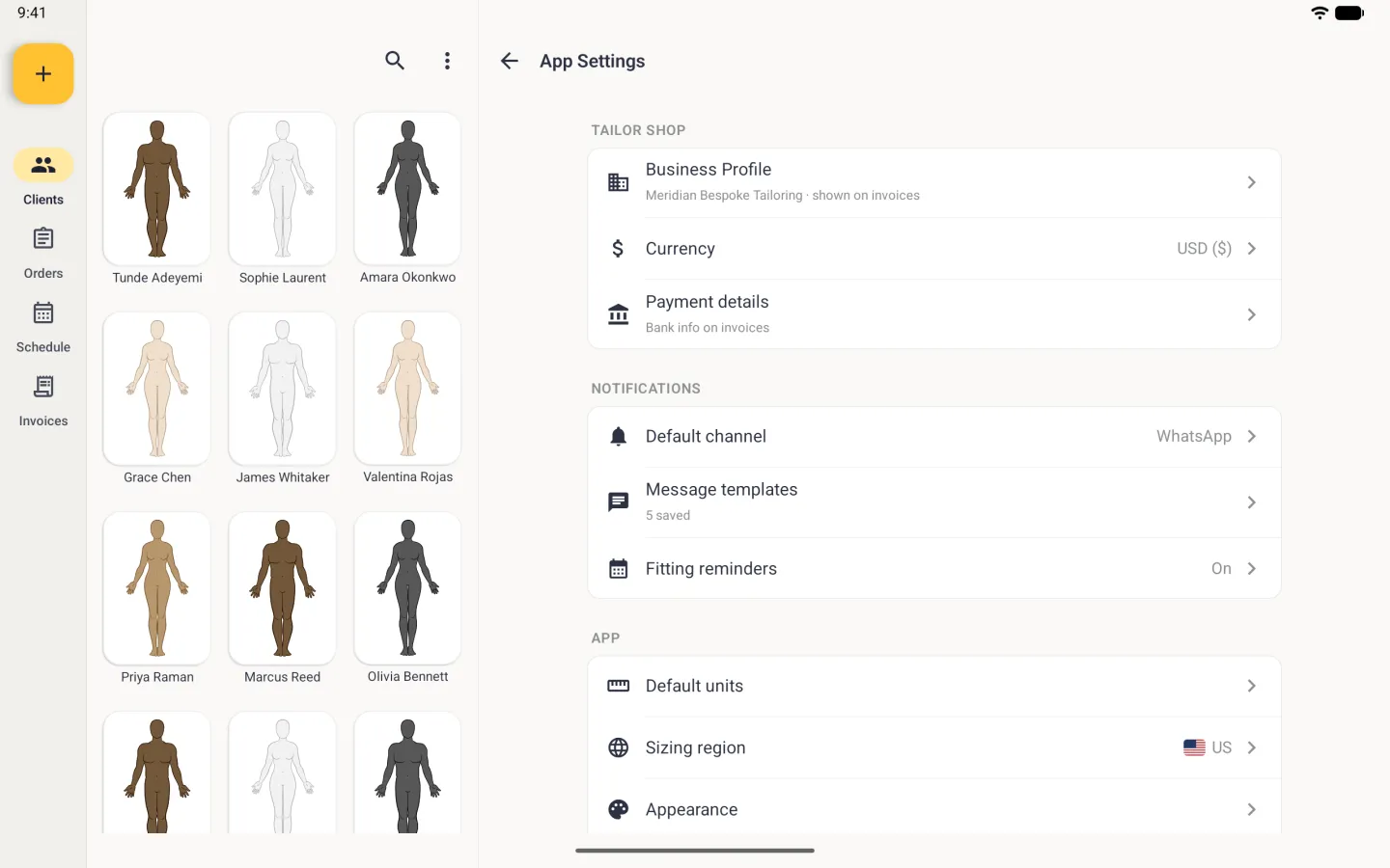 App Settings in the right-hand pane beside the client grid and the navigation rail (New client, Clients, Orders, Schedule, Invoices), with three cards with plain dark icons: TAILOR SHOP with Business Profile (Meridian Bespoke Tailoring, shown on invoices), Currency USD ($) and Payment details (Bank info on invoices); NOTIFICATIONS with Default channel WhatsApp, Message templates (5 saved) and Fitting reminders On; and APP with Default units, Sizing region with a US flag and US, and Appearance at the bottom edge.