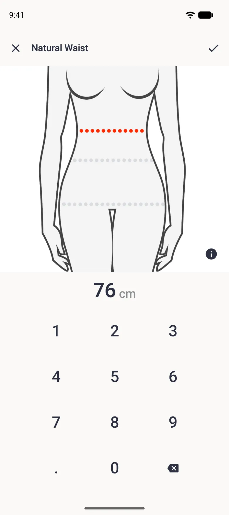 A Natural Waist entry screen showing a simple grey line drawing of a torso with a red dotted line across the waist and two paler grey dotted lines below it, a navy information button, the value 76 cm and the number pad.